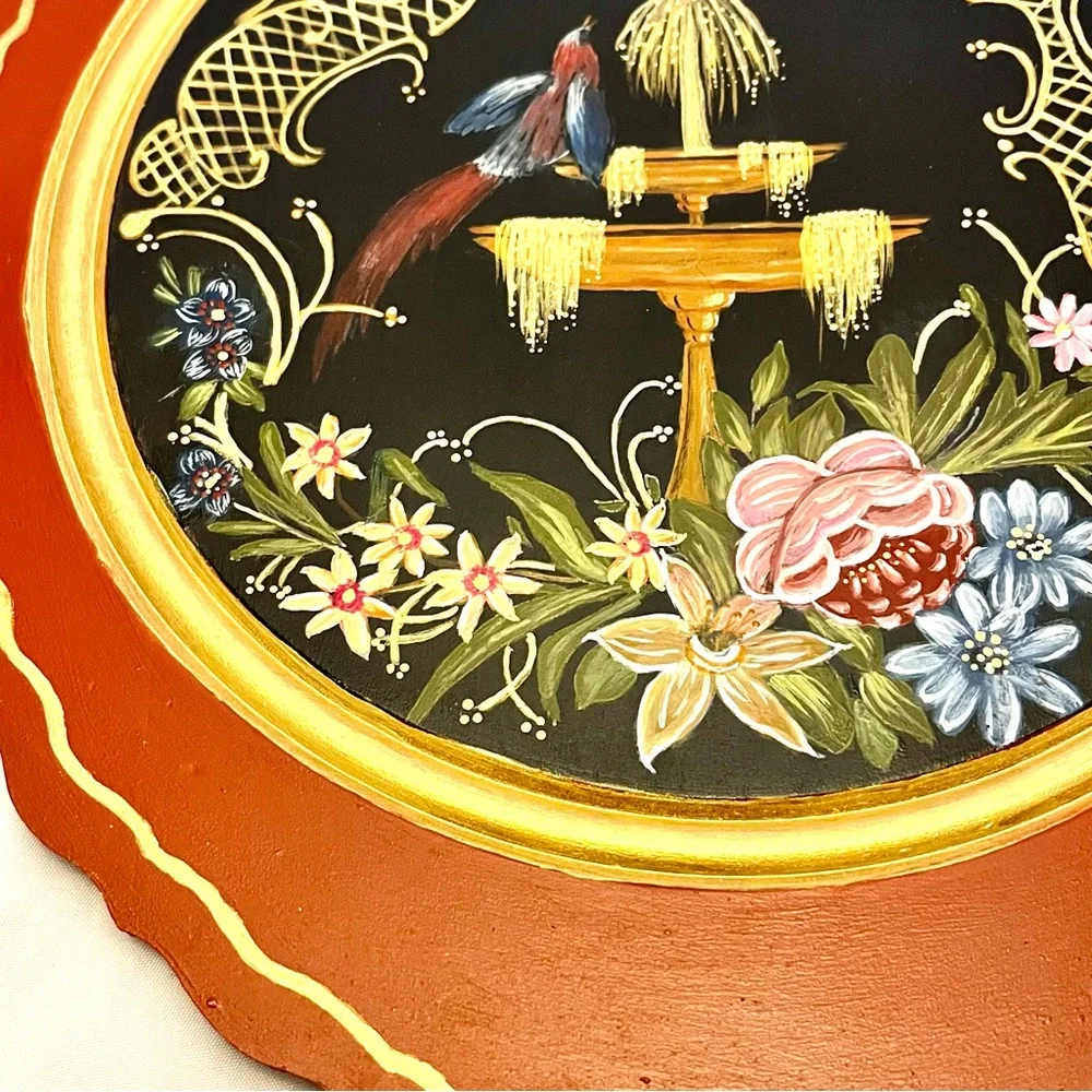 Hand-painted Wooden Table Decor, Signed by Artist, Bird Flowers 2004